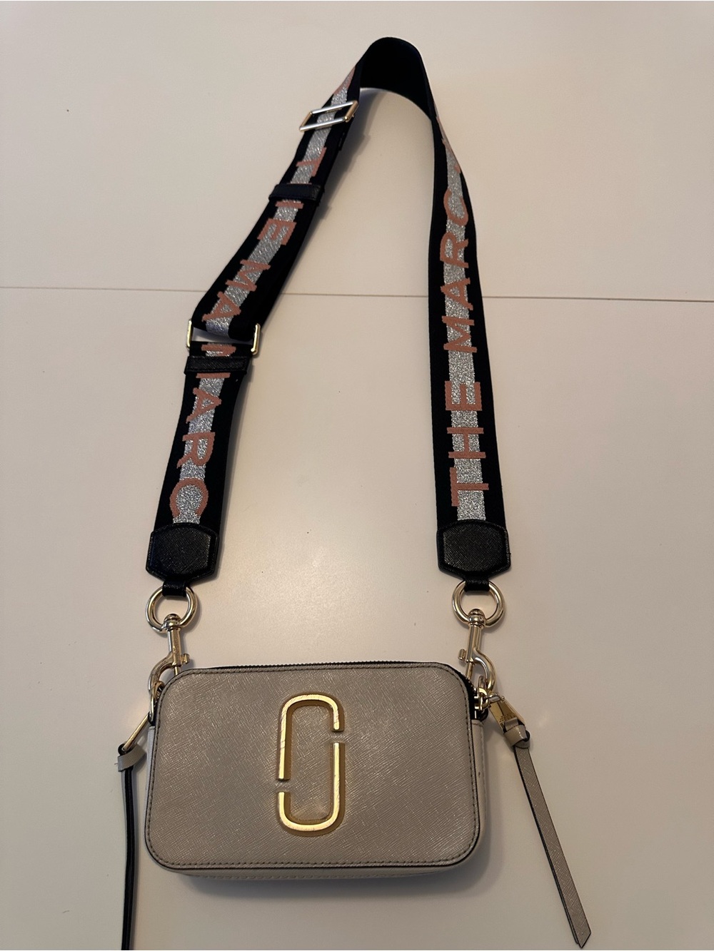 Marc Jacobs Metallic Silver Snapshot Crossbody with Logo Strap